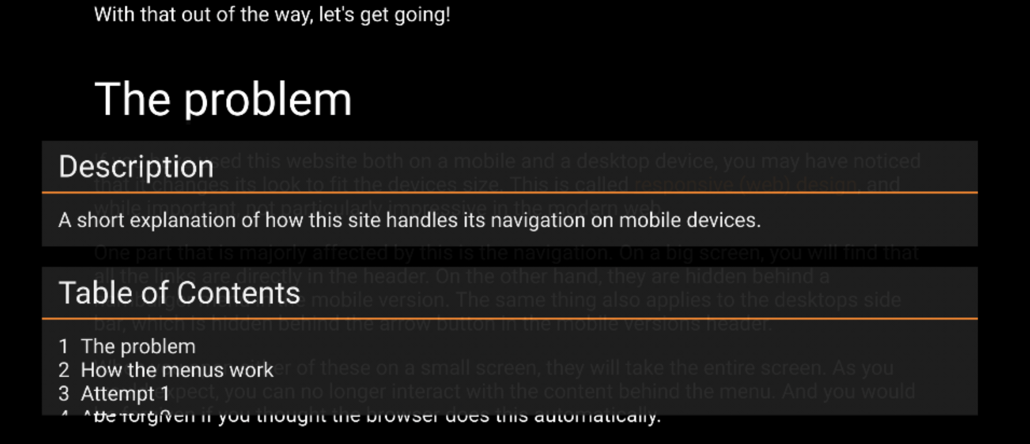 A screenshot showing the absence of the page header on a landscaped smartphone.